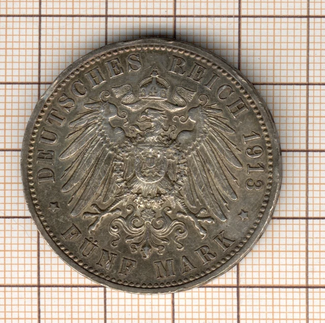 Allemagne Guillaume II roi de Prusse 5 mark 1913