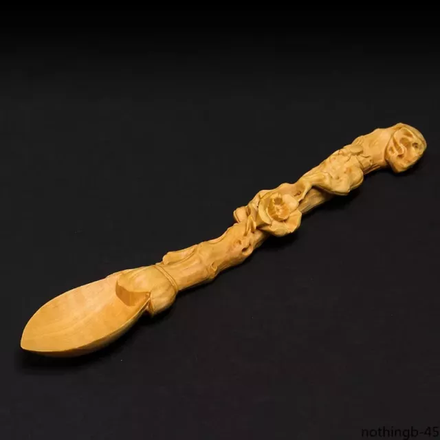 Artistic Boxwood Carved Long Handle Tea Spoon - Creative Solid Wood Crafts