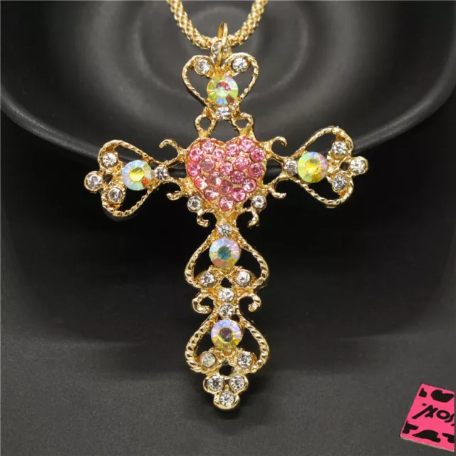 New Betsey Johnson Gold Plated AB Crystal Angel Cross Pendant Chain Necklace