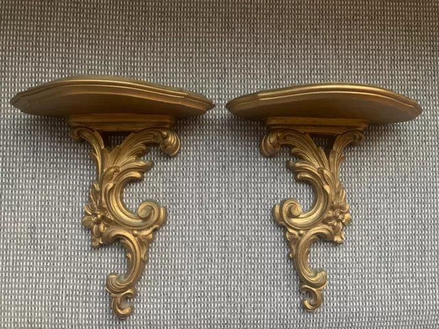 PAIR! VTG Syroco Solid Wood Wall Sconce Shelves Hollywood Regency Brushed Gold