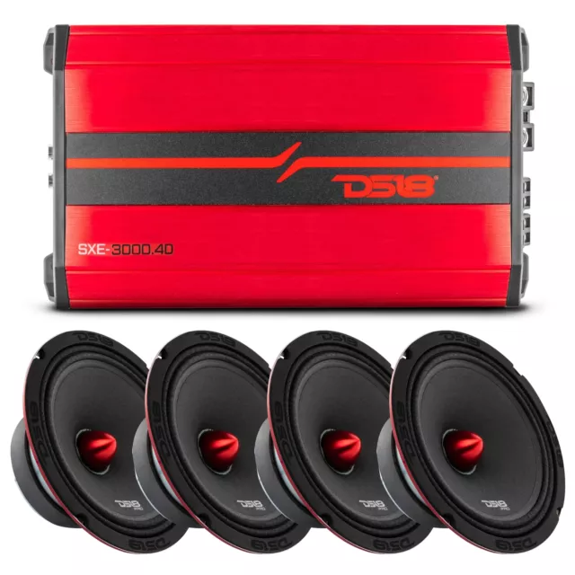 DS18 Red 3000W 4 Channel Amp Two Pair of 3200W PRO-X8.4BM 8" Mid-Range