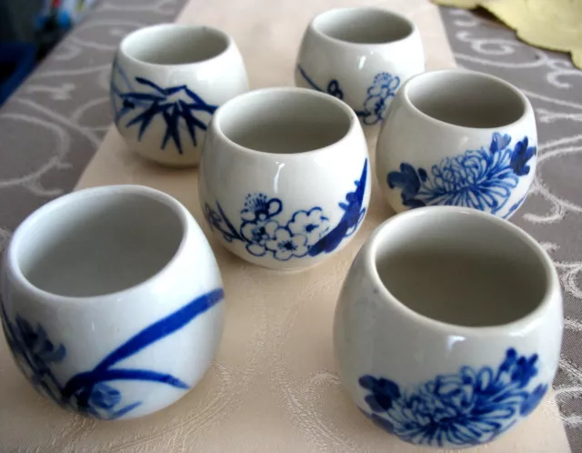 6 x Sake Reiswein Becher handbemalt sehr schöne klassische Blaumalerei