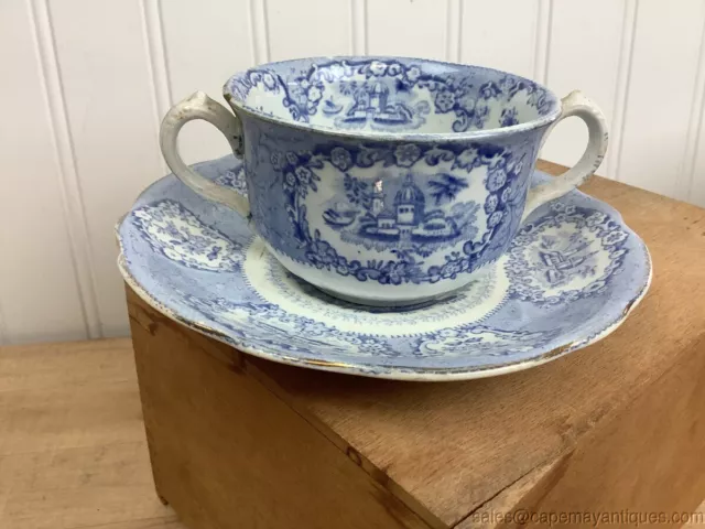 Antique Blue White Cream Soup Cup Saucer Ridgways Oriental England Transferware