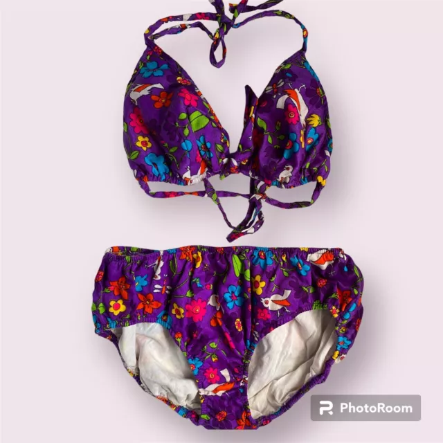 Rare Vintage 1960s Mod Bird Neon Floral Hippie Barkcloth Bikini Size M
