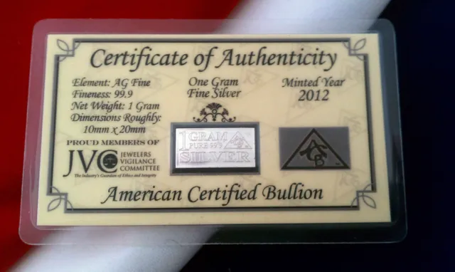 ACB 1 Gram AG Bar 99.9 Fine SILVER with Certificate of Authenticity Gr8 Gift! !