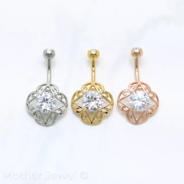 Simulated Diamond Silver 14K Yellow Rose Gold Ip Filigree Belly Navel Bar Ring