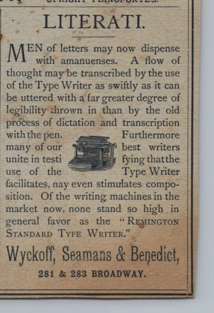 1880s 1884 Remington Type Writer New York 3.5x4.5 inch Victorian Advertisement