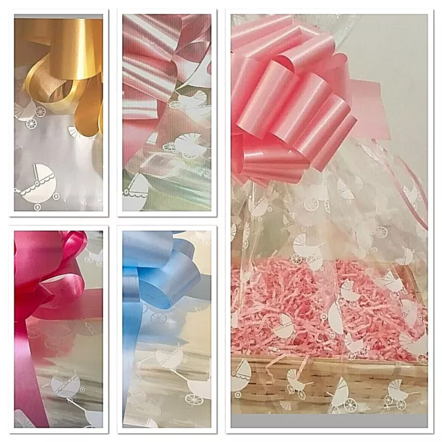 💜All Sizes Cellophane Hamper Bag & Bows Christmas Birthdays Hamper Basket Wrap