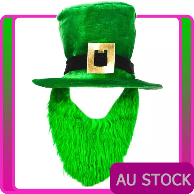 Mens St Patricks Day Green Shamrock Leprechaun Hat & Ginger Beard Irish Sheamus