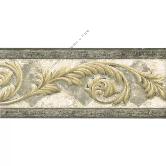 Architectural Beige Acanthus Leaf Scroll Gray Diamond Silver Wallpaper Border