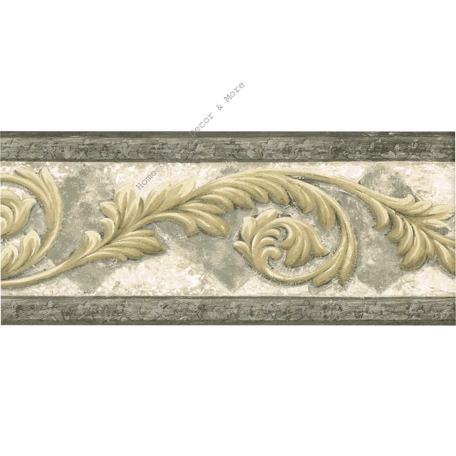 Architectural Beige Acanthus Leaf Scroll Gray Diamond Silver Wallpaper Border