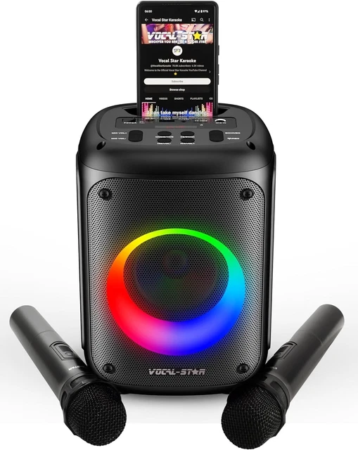 KARAOKE MACHINE WITH 2 Wireless Microphones, Portable Bluetooth Speaker ...