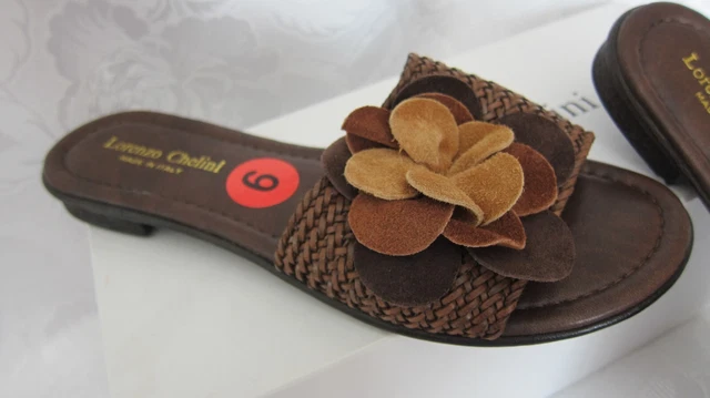 LORENZO CHELINI ITALY Brown Leather/Suede Floral Rosette Slide Sandal Size US 6