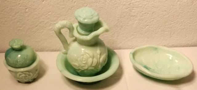 Vintage Avon Jade Marble Milk Glass Pitcher, Soap Dish, and Powder Sachet Jar