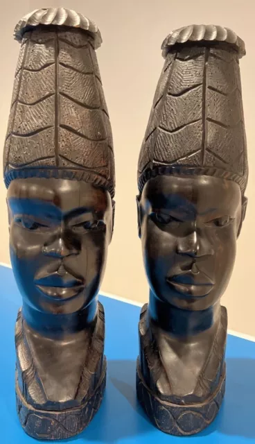 Pair Antique 1950S African Art Hand Carved Ebony? Wood Wooden Bust Lamp Stands