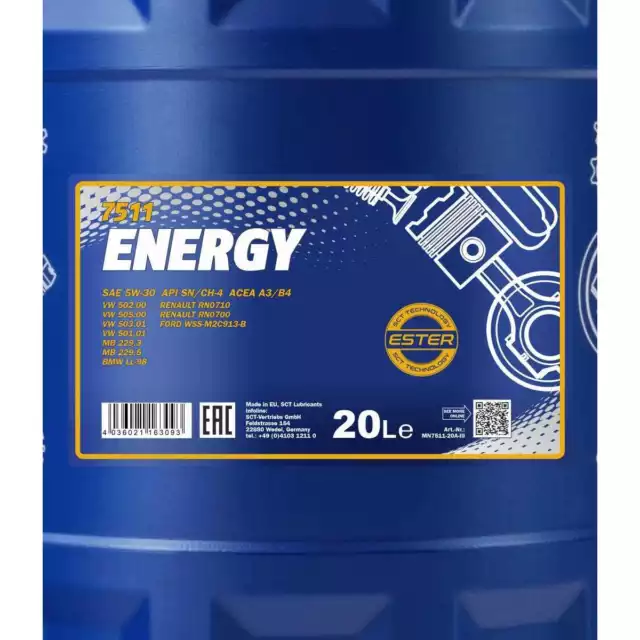 20 Liter MANNOL Energy 5W-30 Motoröl 7511 API SN/CH-4 ACEA A3/B4 Synthetic 2