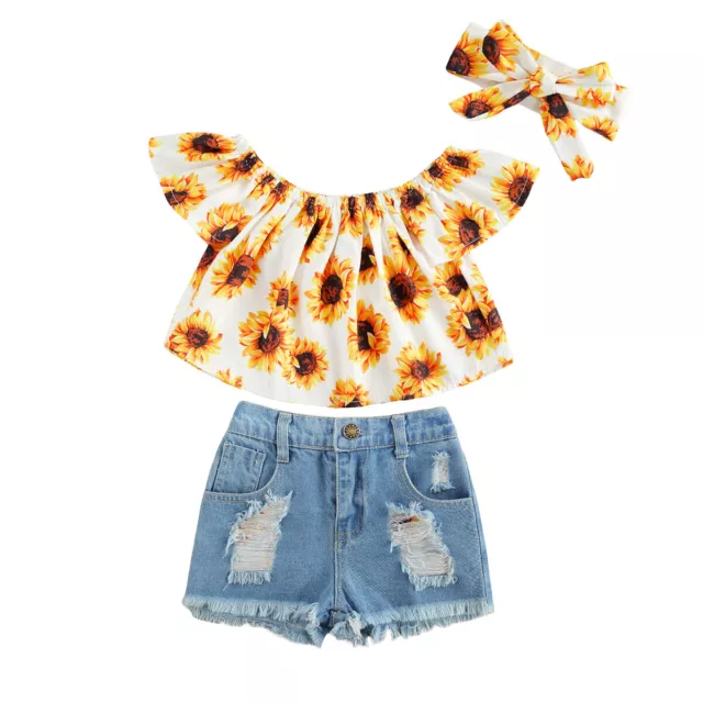 Toddler Kids Baby Girl Summer Clothes Sunflower Tops+Ripped Denim Shorts Outfits 2
