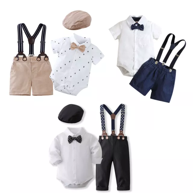 Baby Boys Gentleman Outfits Romper Shirt with Suspenders Shorts Bow Tie Hat Suit