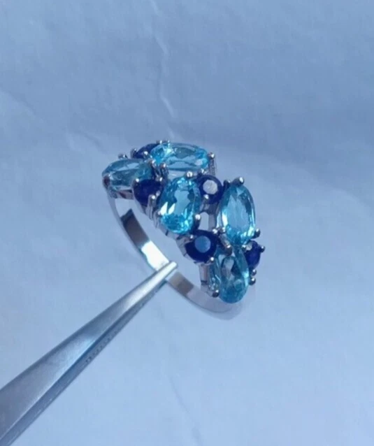 Bague Dôme En Argent 925 Taille 53 - Sertie De Zirconiums Bleu Topaze, Occasion Bon état