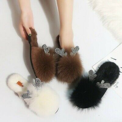 Antler Donna Furry Pantofole Pelliccia Finta Strass Antler Slip On Scarpe Basse 