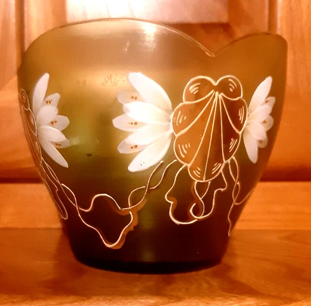 Vase Ancien Verre Vert émaillé - Art Nouveau - Décor Fleurs Blanches Or