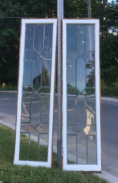 Pr Antique Leaded Beveled Glass Sidelights 18X70 Windows Geometric Vtg 441-20E