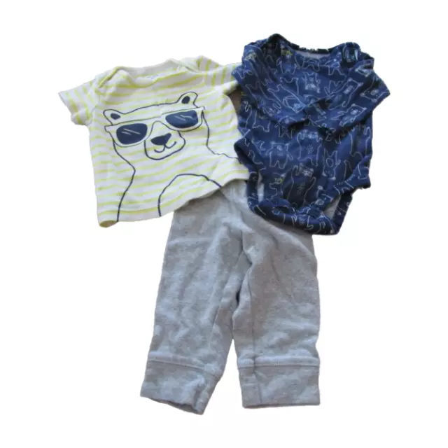Carters 3 Pc Bear Pants Shirt Outfit Size 6M Navy Blue Yellow Striped Gray Boys