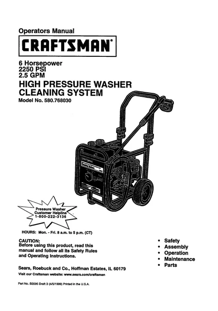 OWNERS MANUAL & Parts List Craftsman 2250 PSI Pressure Washer -Model ...