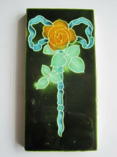 ANTIQUE 6" x 3" MOULDED ART NOUVEAU TILE - ROSE & RIBBONS LEA & BOULTON C1896-02