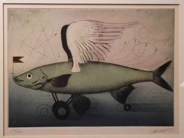 ALOIS JANAK (*1924), Farbradierung, geflügelter Fisch, signiert, 1989