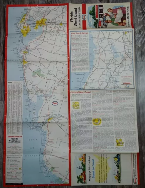 1966 Forida West Coast St. Petersburg Tampa FL Cities Vintage Road Map ESSO 60's