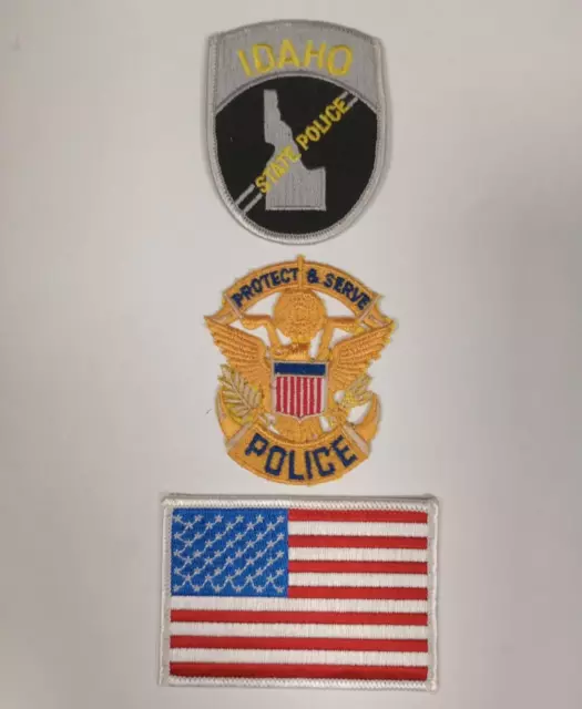 IDAHO State POLICE Protect and Serve USA FLAG Sew On Iron On PATCH SET 3 Pcs New