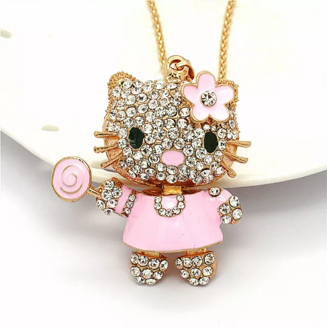 Crystal Pink Enamel Lollipop Flower Cat Kitten Pendant Betsey Johnson Necklace