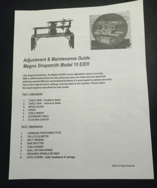 Magna Shopsmith Model 10 E/ER Adjustment & Maintenance Guide W/FREE Speed Chart