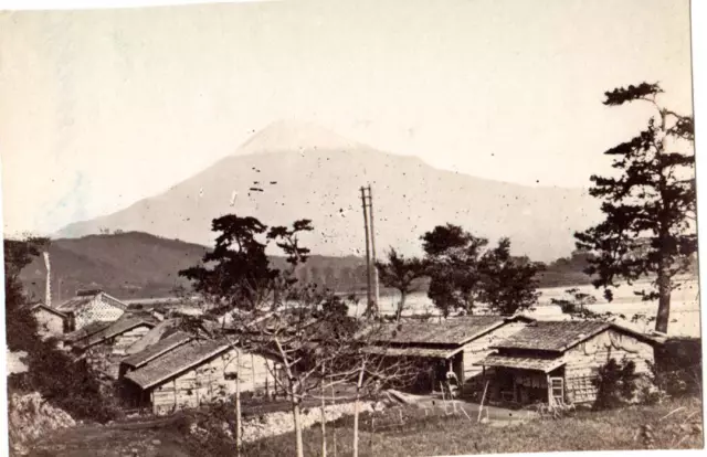 Albumen image c1880's Historic Japan Mt. Fujiyama Fuji village homes flags