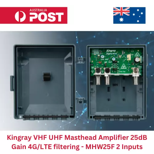 Kingray VHF UHF Masthead Amplifier 25dB Gain 4G/LTE filtering - MHW25F 2 Inputs