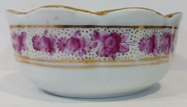 3 1/2" Pink Roses~Flowers w/ Gold Trim Scalloped Edge Finger Bowl Trinket Dish