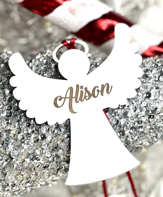 Personalised White Christmas Tree Angel Bauble Decoration Xmas Family Any Name