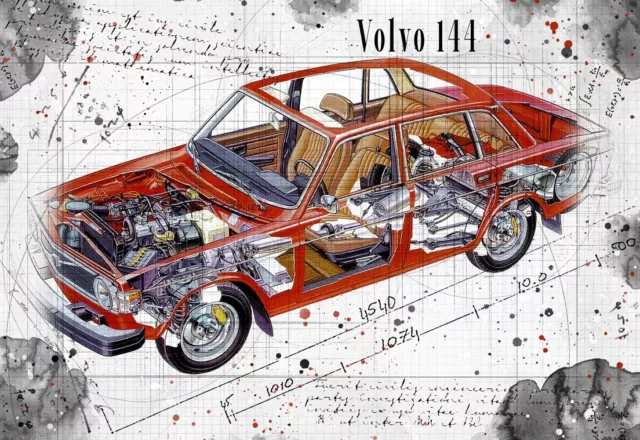 Line Tech Drawing Volvo 144  Cutaway Art Poster Print