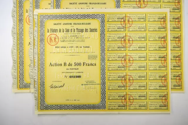 Societe Franco Bulgare Filature De La Soie Action 500 Francs 1930 X 53 Actions