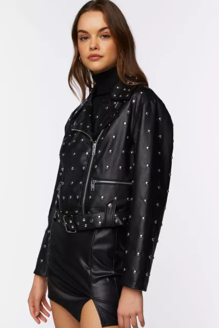 Punk Forever 21 Faux Leather Black Silver Studded Moto Jacket Coat S NWT