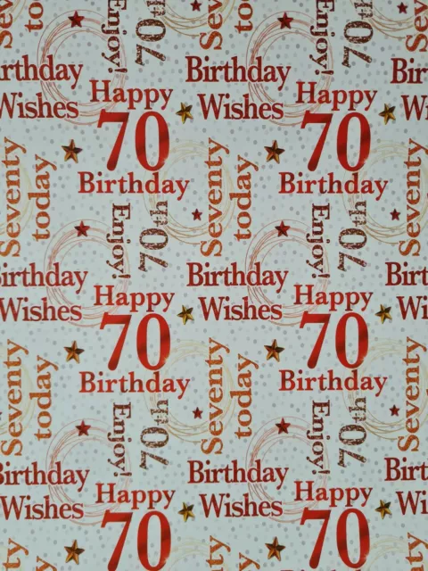 2 SHEETS OF GOOD QUALITY THICK GLOSSY 70th BIRTHDAY WRAPPING PAPER