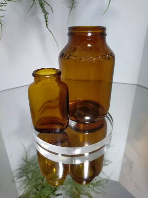 VINTAGE RARE AMBER GLASS OVAL PILL BOTTLE BW&Co 7x4 & Blackmore bottle 10x6 VGC