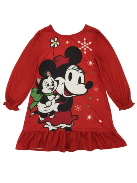 Disney Girls Red Minnie Mouse & Cat Figaro Snowflake Nightgown Sleep Dress