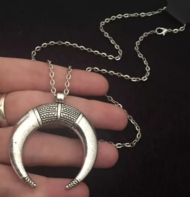 X Large Moon Horn Necklace Long 30” Chain Unusual Silver Native American Indian