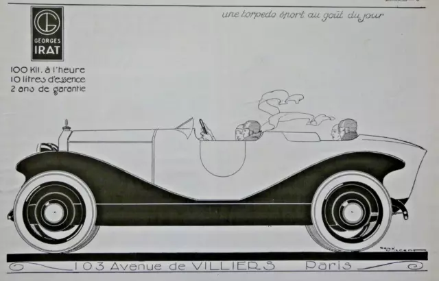 Publicité De Presse 1923 Torpedo Sport Georges Irat Voiture De L'élite
