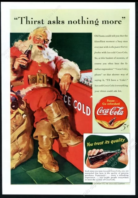 1941 Coke Coca Cola Santa Christmas Haddon Sundblom art vintage print ad