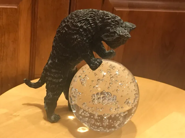 7.5" Brass Bronze Cat standing up looking in large glass paperweight w/ Bubbles