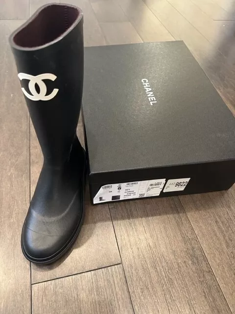 AUTH CHANEL RUBBER Black Rain Boots White CC Logo Size 38 *BRAND NEW*  $2,000.00 - PicClick