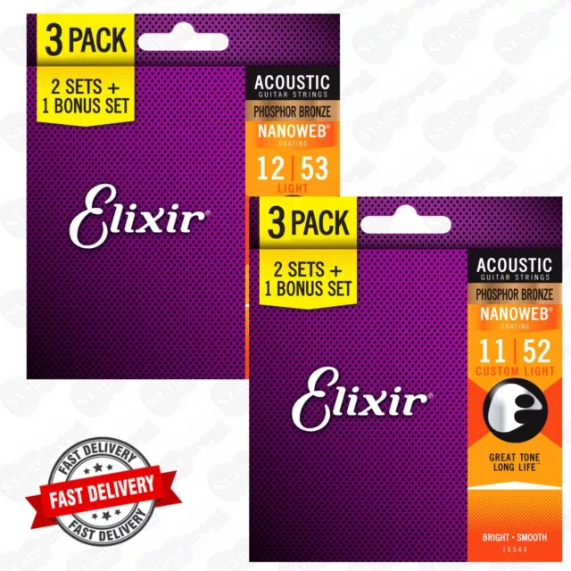 Elixir 3 Set Pack Of Acoustic Guitar Strings Nano Phosphor Bronze - Select Gauge